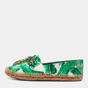 Pre Owned Dolce & Gabbana Green/White Floral Print Satin Embellished Espadrille Flats Size 39