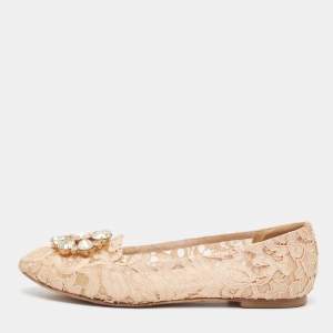 Pre Owned Dolce & Gabbana Blush Pink Lace Crystal Embellished Ballet Flats Size 37.5