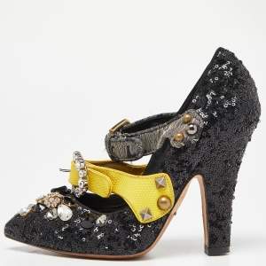 Dolce & Gabbana Black Sequins Crystal Embellished Mary Jane Pumps Size 37