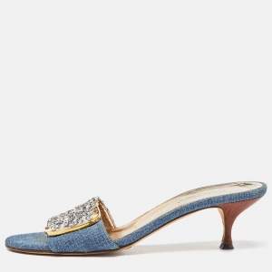 Dolce & Gabbana Blue/White Tweed and Denim Slide Sandals Size 38.5