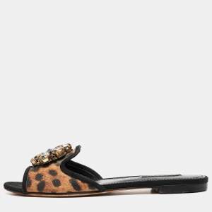 Pre Owned Dolce & Gabbana Brown/Black Leopard Print Coated Canvas Crystal Embellished Flat Slides Size 37
