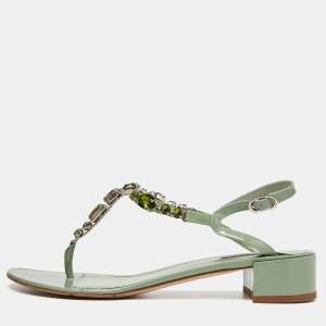 Pre Owned Dolce & Gabbana Green Patent Leather Crystal Embellished Thong Sandals Size 40