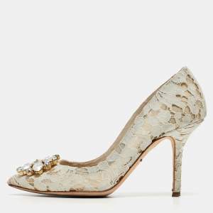 Pre Owned Dolce & Gabbana Grey Lace And Satin Bellucci Pumps Size 37
