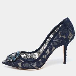 Pre Owned Dolce & Gabbana Navy Blue Lace and Mesh Bellucci Pumps Size 37.5