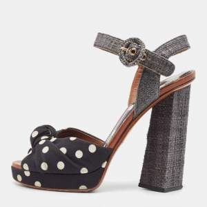 Dolce & Gabbana Black/White Raffia And Canvas Platform  Ankle Strap Sandals Size 37