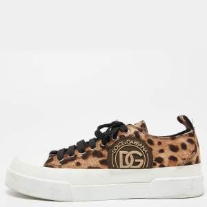 Pre Owned Dolce & Gabbana Brown Leopard Print Canvas Lace Low Top Sneakers Size 39