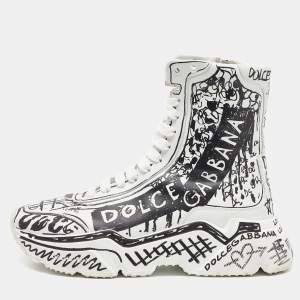 Pre Owned Dolce & Gabbana White/Black Graffiti Print Leather Daymaster Sneakers Size 39
