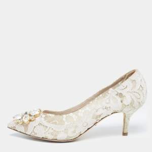 Pre Owned Dolce & Gabbana White Lace Crystal Embellished Taormina Pumps Size 36.5