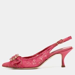 Pre Owned Dolce & Gabbana Pink Lace and Mesh Slingback Pumps Size 40