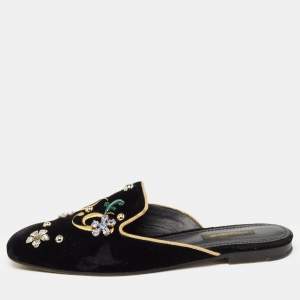 Dolce & Gabbana Black Velvet Jackie Embellished Mules Size 37