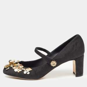 Pre Owned Dolce & Gabbana Black Brocade Fabric Embellished Mary Jane Pumps Size 39
