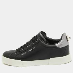 Pre Owned Dolce & Gabbana Black Leather DG Pearl Portofino Sneakers Size 39