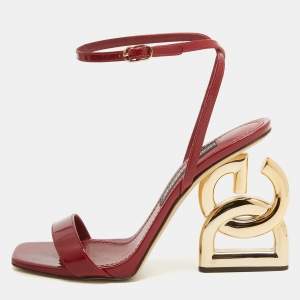 Pre Owned Dolce & Gabbana Red Patent Leather Ankle Wrap DG Heel Sandals Size 39