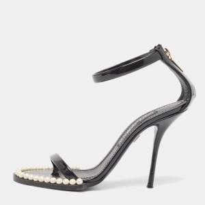 Dolce & Gabbana Black Patent Ankle Strap  Pear Embellished Sandals Size 38