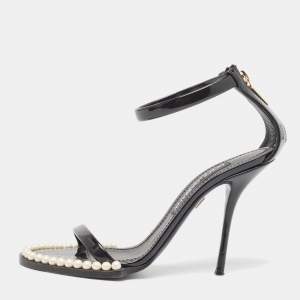 Pre Owned Dolce & Gabbana Black Patent Ankle Strap  Pear Embellished Sandals Size 38