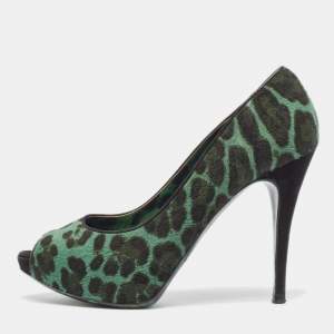 Pre Owned Dolce & Gabbana Green Calf Hair Peep Toe Pumps Size  41