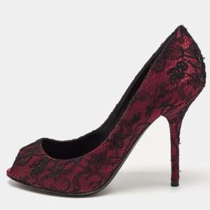 Pre Owned Dolce & Gabbana Burgundy/Black Lace and Mesh Peep Toe Pumps Size 38