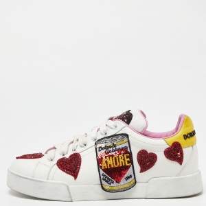 Dolce & Gabbana White/Red Leather Amore Heart Embroidered Low Top Sneakers Size 38.5