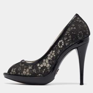 Dolce & Gabbana Black Lace and Patent Leather Peep Toe Platform Pumps Size 38.5