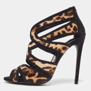 Dolce & Gabbana Beige/Black Leopard Print Calf Hair and Suede Peep Toe Sandals Size 36.5