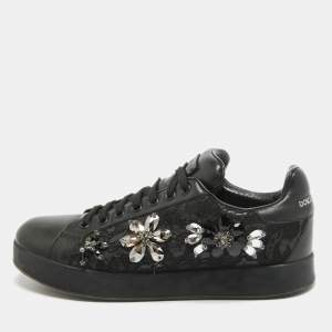 Pre Owned Dolce & Gabbana Black Leather Crystal Embellished Low Top Sneakers Size 39