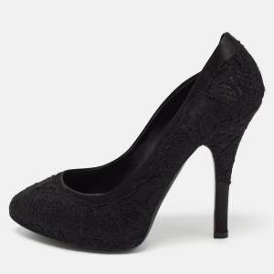 Pre Owned Dolce & Gabbana Black Lace and Satin Round Toe Pumps Size 37.5