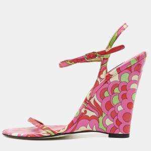 مملوكة مسبقًا Dolce & Gabbana Multicolor Print Leather Wedge Sandals Size 38.5