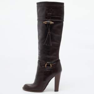 Pre Owned Dolce & Gabbana Brown Leather Knee Length Boots Size 37.5