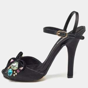 Dolce & Gabbana Black Satin Crystal Embellished Ankle Strap Sandals Size 37