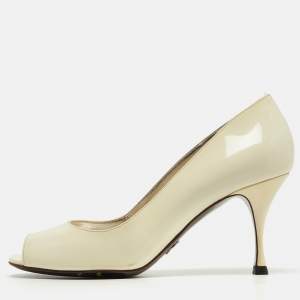 Dolce & Gabbana Cream Patent Leather Open Toe Pumps Size 37.5