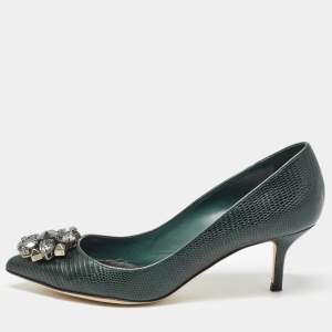 Dolce & Gabbana Dark Green Embossed Lizard Bellucci Pumps Size 37.5