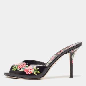 Dolce & Gabbana Black Leather Rose Print Slide Sandals Size 37