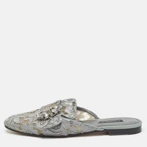 Dolce & Gabbana Grey Lace Crystals Embellished Flat Mules Size 37