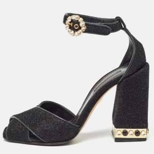 Dolce & Gabbana Black Lurex Fabric Crystal Embellished Block Heel Ankle Strap Sandals Size 37