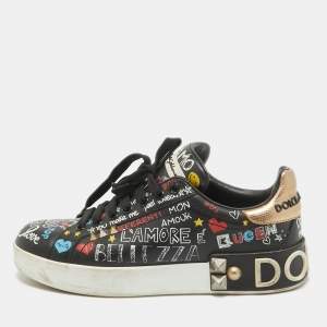 Dolce & Gabbana Black Graffiti Leather Portofino Sneakers Size 36.5