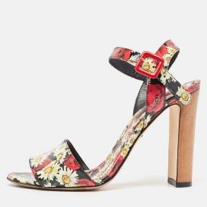 Dolce & Gabbana Multicolor Floral Print Patent Leather Ankle Strap Sandals Size 37