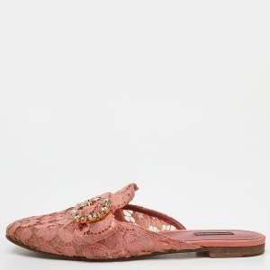 Dolce & Gabbana Pink Lace Crystal Embellished Flat Mules Size 41