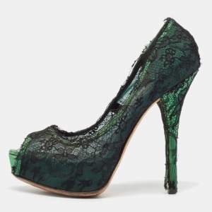 Dolce & Gabbana Black/Green Lace and Satin Peep Toe Platform Pumps Size 40