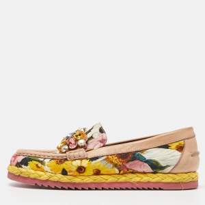 Dolce & Gabbana Multicolor Brocade Fabric and Leather Crystal Embellished Espadrille Loafers Size 37