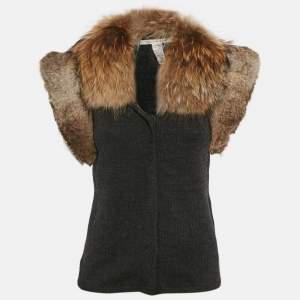 Dries van Noten Grey Detachable Fur Trim Sleeveless Cardigan M