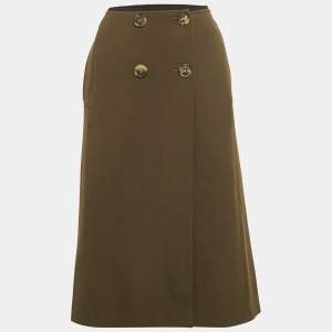 Dries van Noten Green Wool Drill Button Detail Midi Skirt L