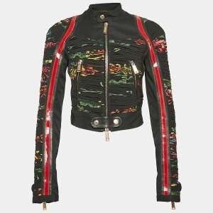 Dsquared2 Black Floral Print Denim and Crepe Gathered Jacket S