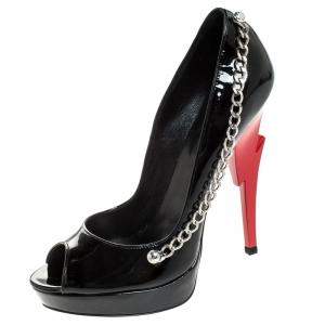 Dsquared2 Black Patent Leather Chain Detail Peep Toe Platform Pumps Size 38