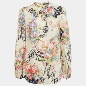 Dsquared2 Off-White Graffiti and Floral Print Tie-Up Detail Top M