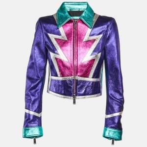 Dsquared2 Multicolor Leather Paneled Glam Rock Biker Jacket M