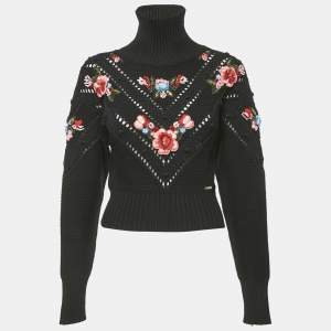 Dsquared2 Black Floral Applique Wool Knit Turtleneck Sweater S