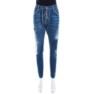 Dsquared2 Indigo Distressed Faded Effect Denim Ruffled Tapered Jeans L