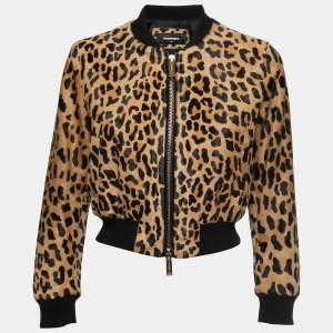 Dsquared2 Beige/Black Leopard Print Calf Hair Zip Front Bomber Jacket S