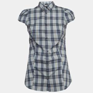 Dsquared2 Blue Checked Cotton Buttoned Short Puff Sleeve Shirt M