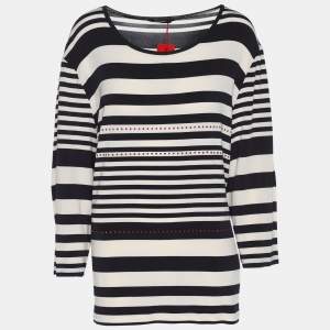 Elena Miro Blue/Cream Striped Jersey Embellished Full Sleeve T-Shirt XL